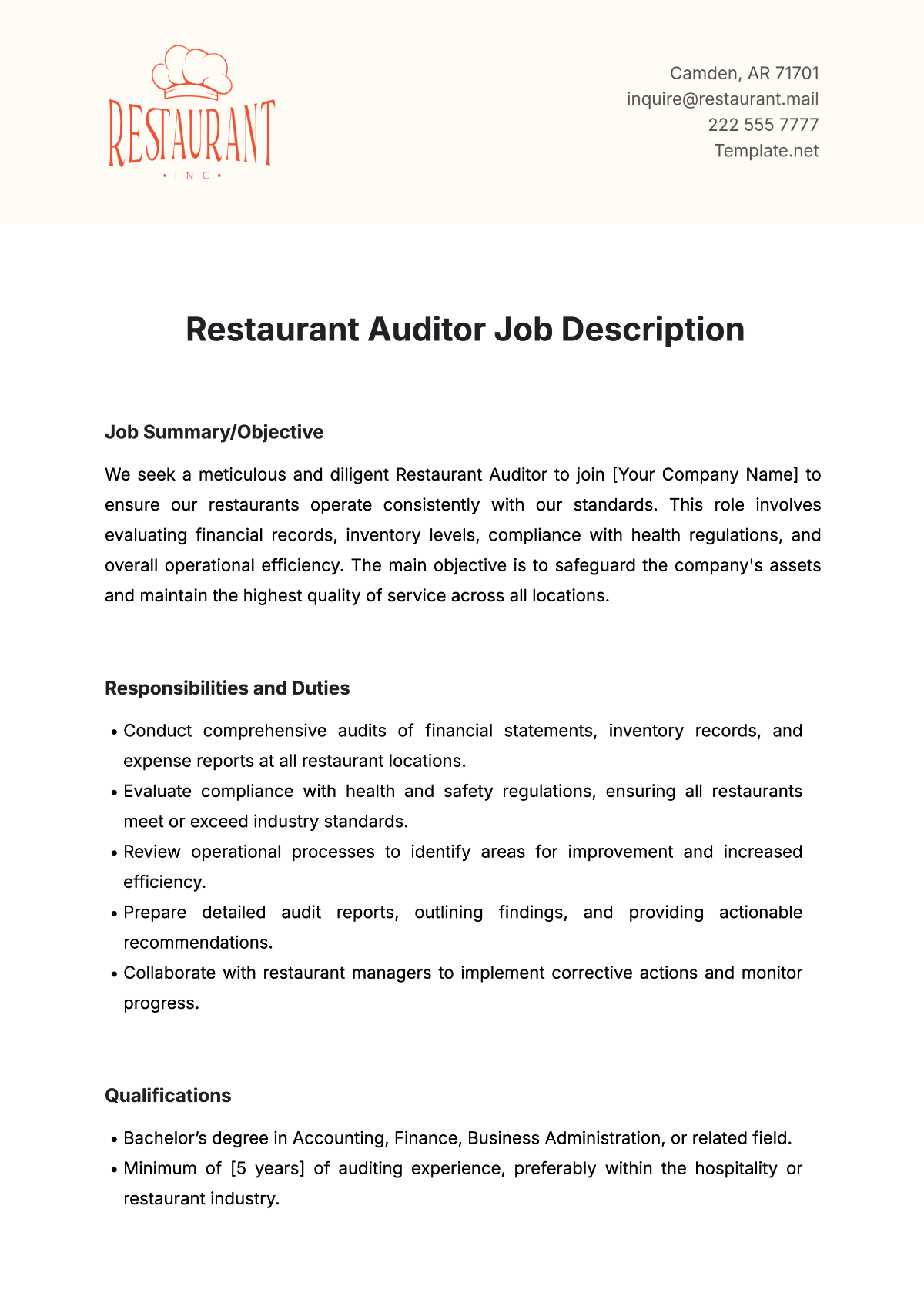 Free Restaurant Auditor Job Description Template