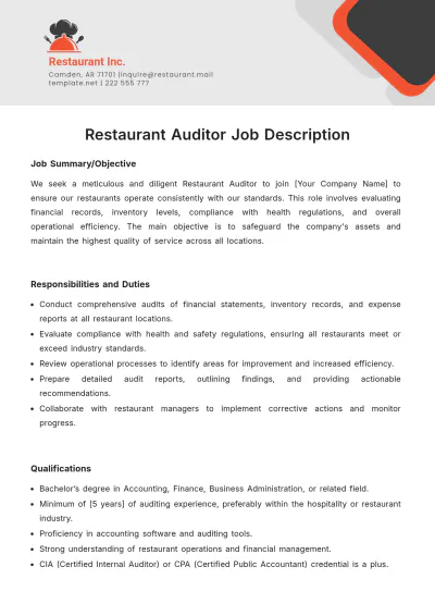 Free Restaurant Auditor Job Description Template to Edit Online