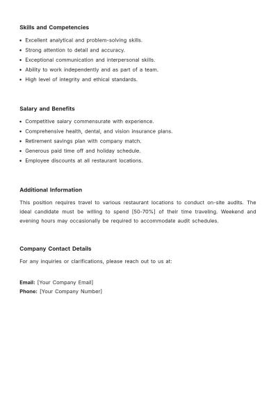 Free Restaurant Auditor Job Description Template to Edit Online