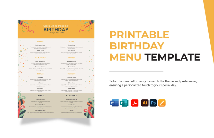Printable Birthday Menu Template