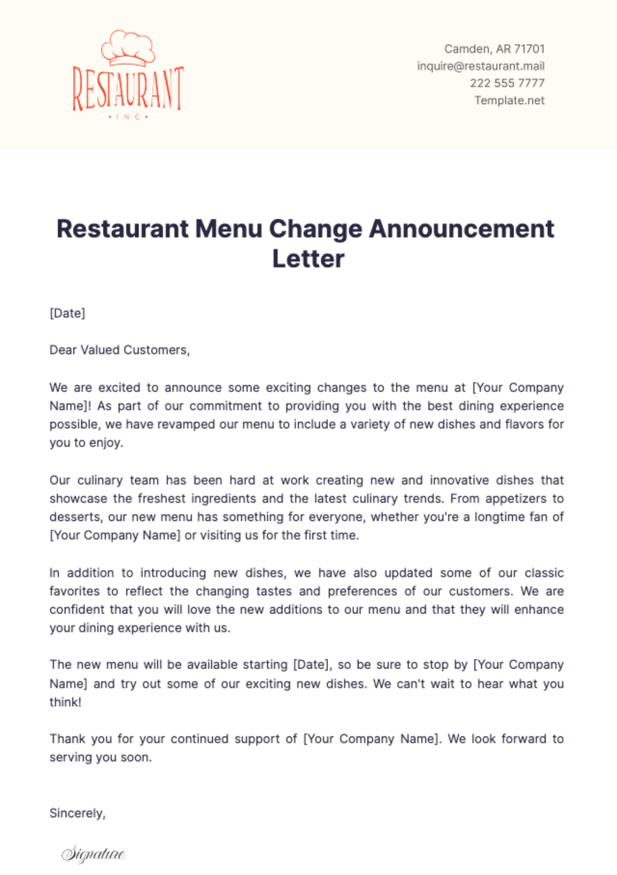 Restaurant Menu Change Announcement Letter Template - Edit Online & Download