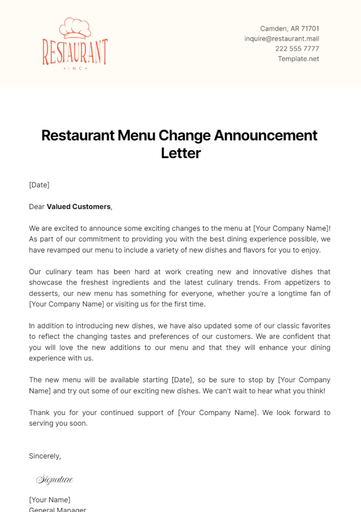 Free Restaurant Menu Change Announcement Letter Template