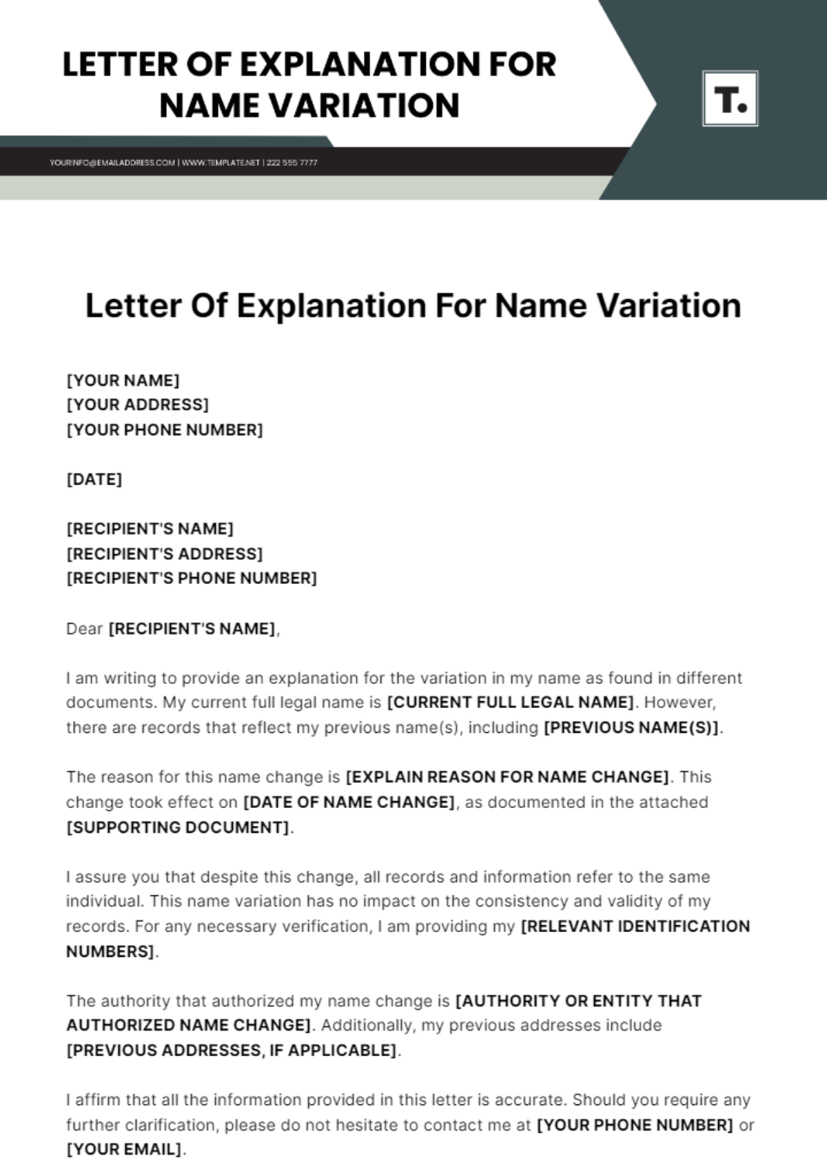 Free Letter Of Explanation For Name Variation Template