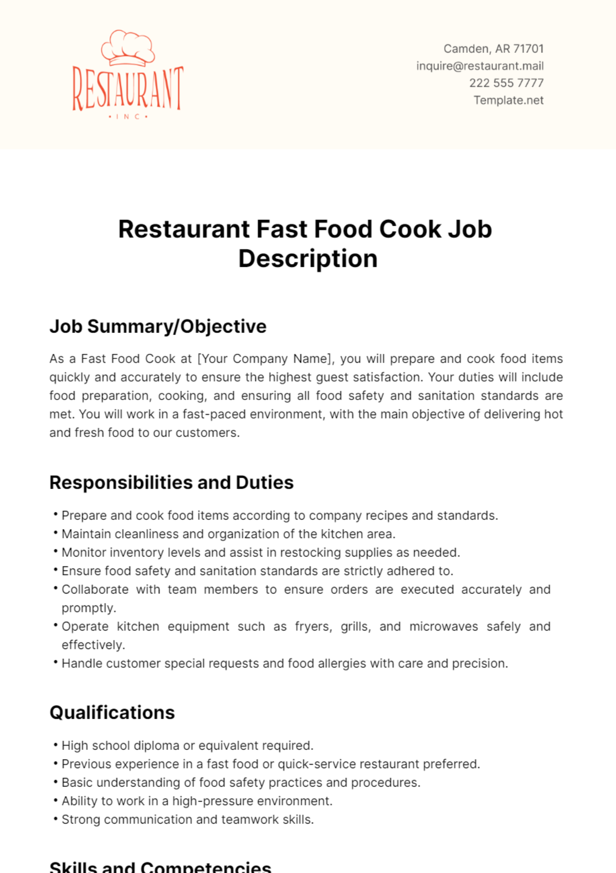 Restaurant Fast Food Cook Job Description Template - Edit Online & Download