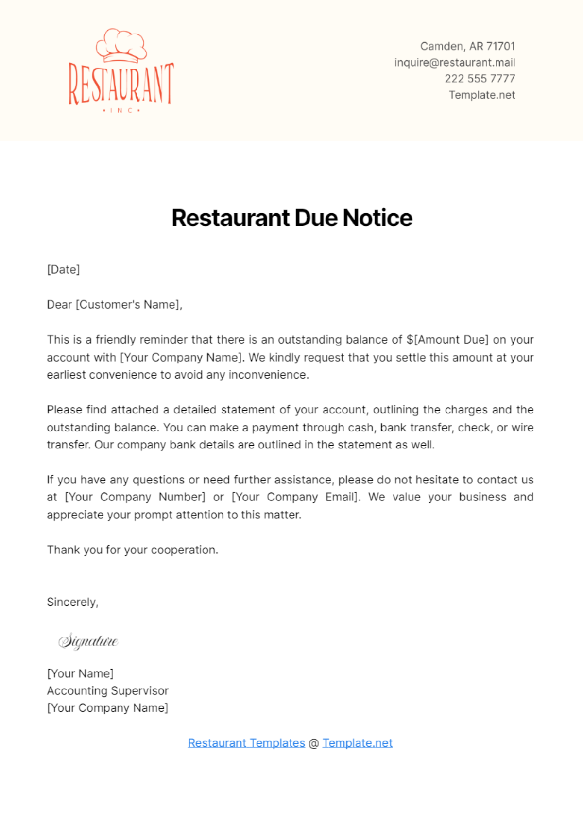 Free Restaurant Due Notice Template