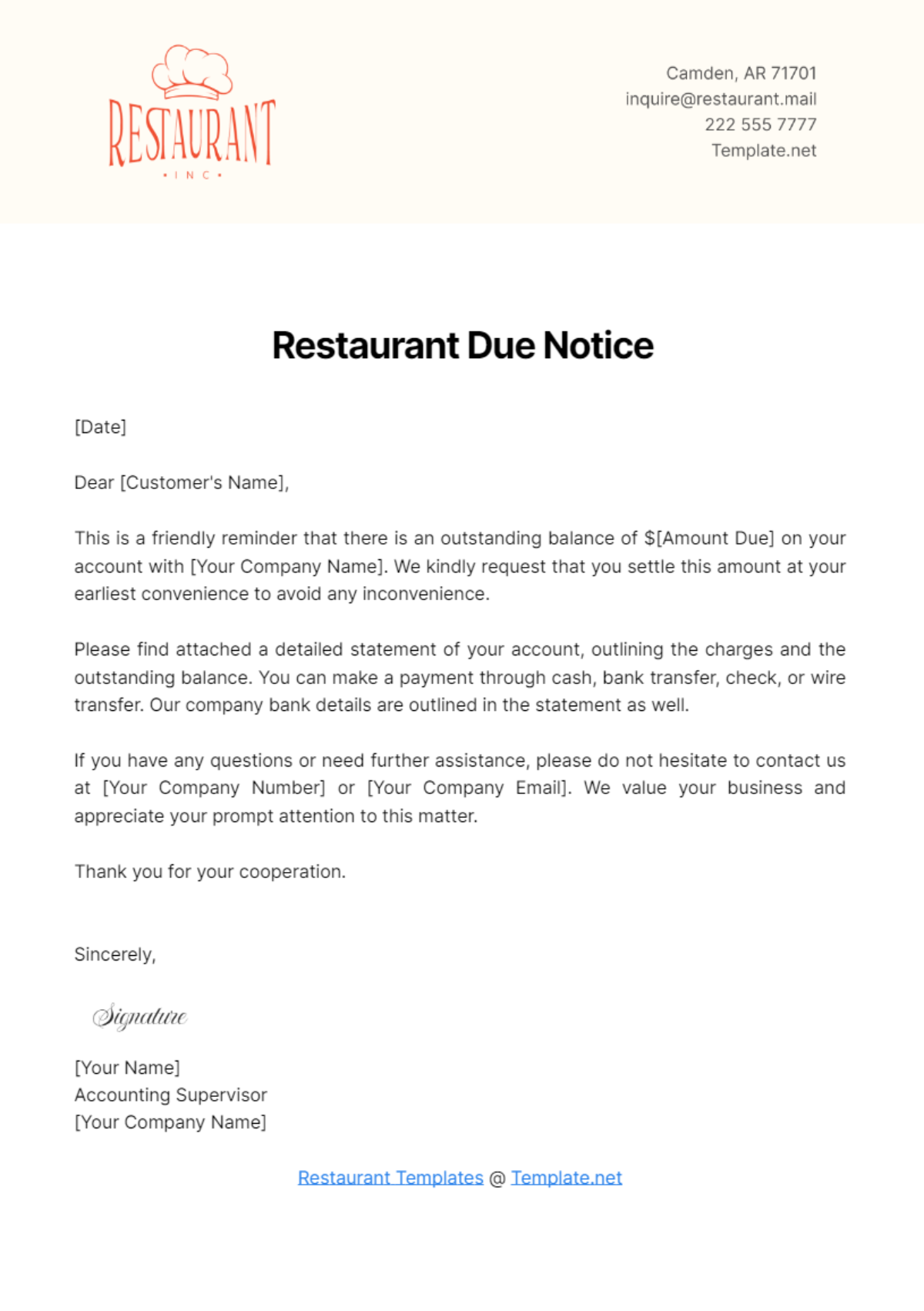 Restaurant Due Notice Template - Edit Online & Download