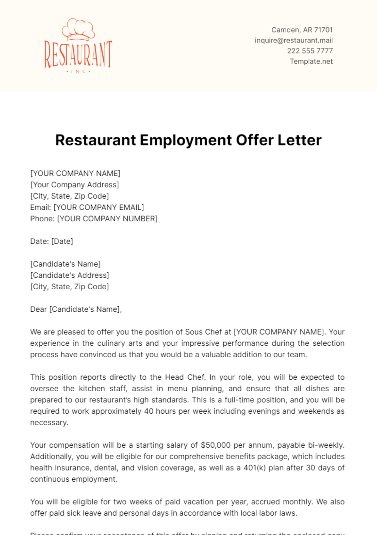 Free Restaurant Employment Offer Letter Template
