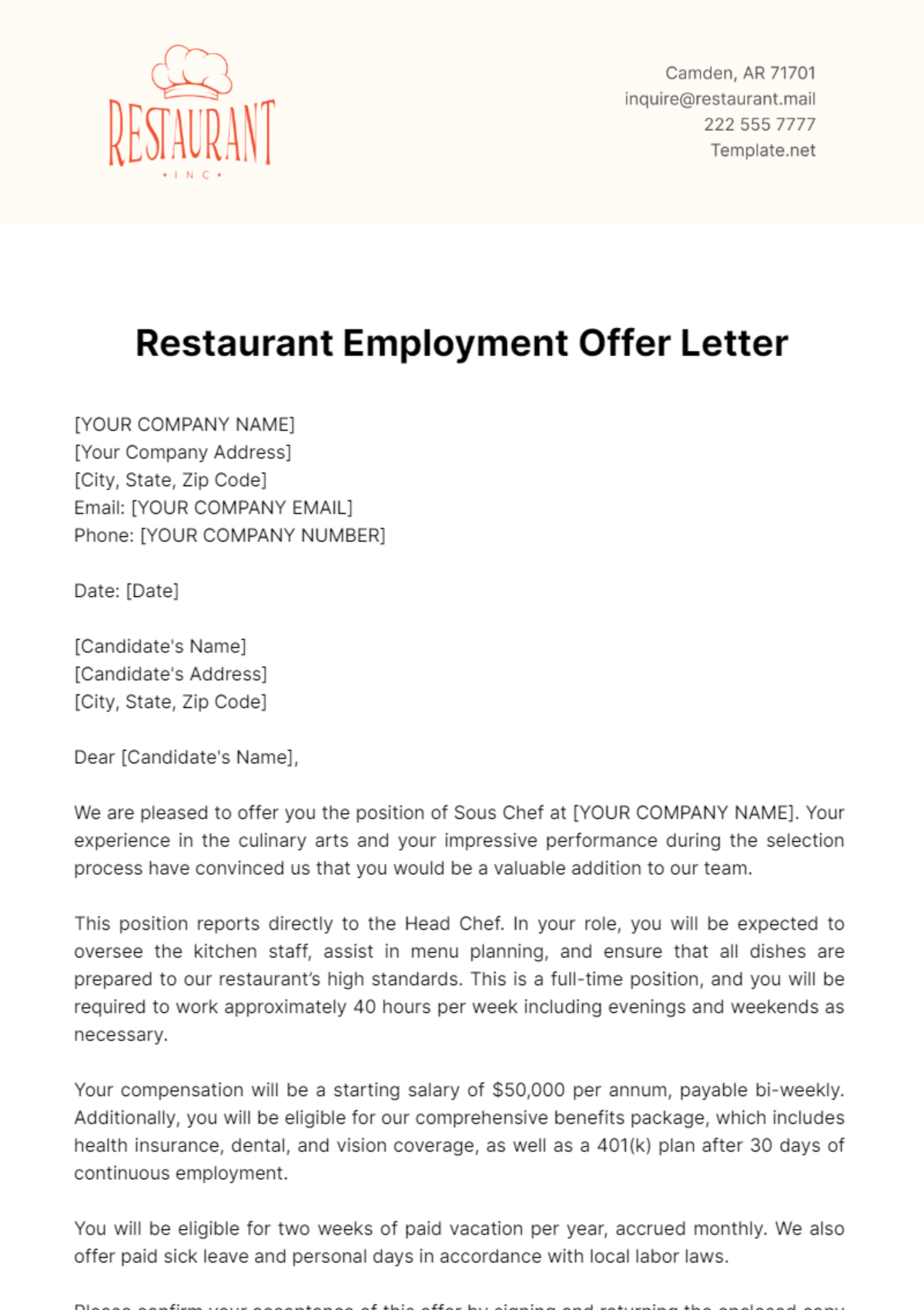 Restaurant Employment Offer Letter Template - Edit Online & Download