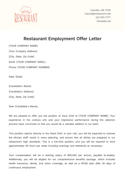 Free Restaurant Employment Offer Letter Template to Edit Online