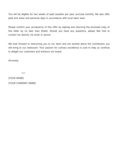 Free Restaurant Employment Offer Letter Template to Edit Online