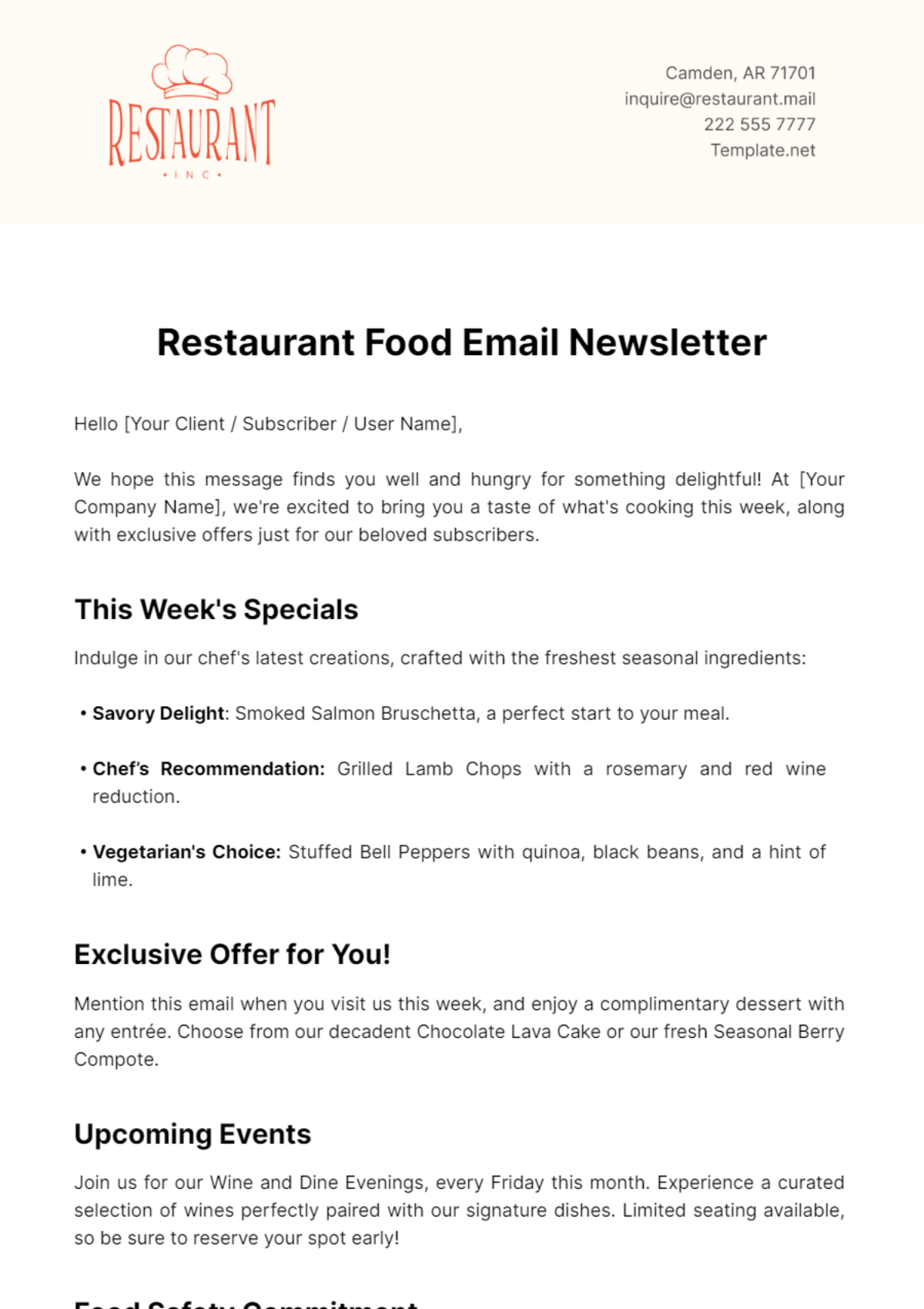 Free Restaurant Food Email Newsletter Template
