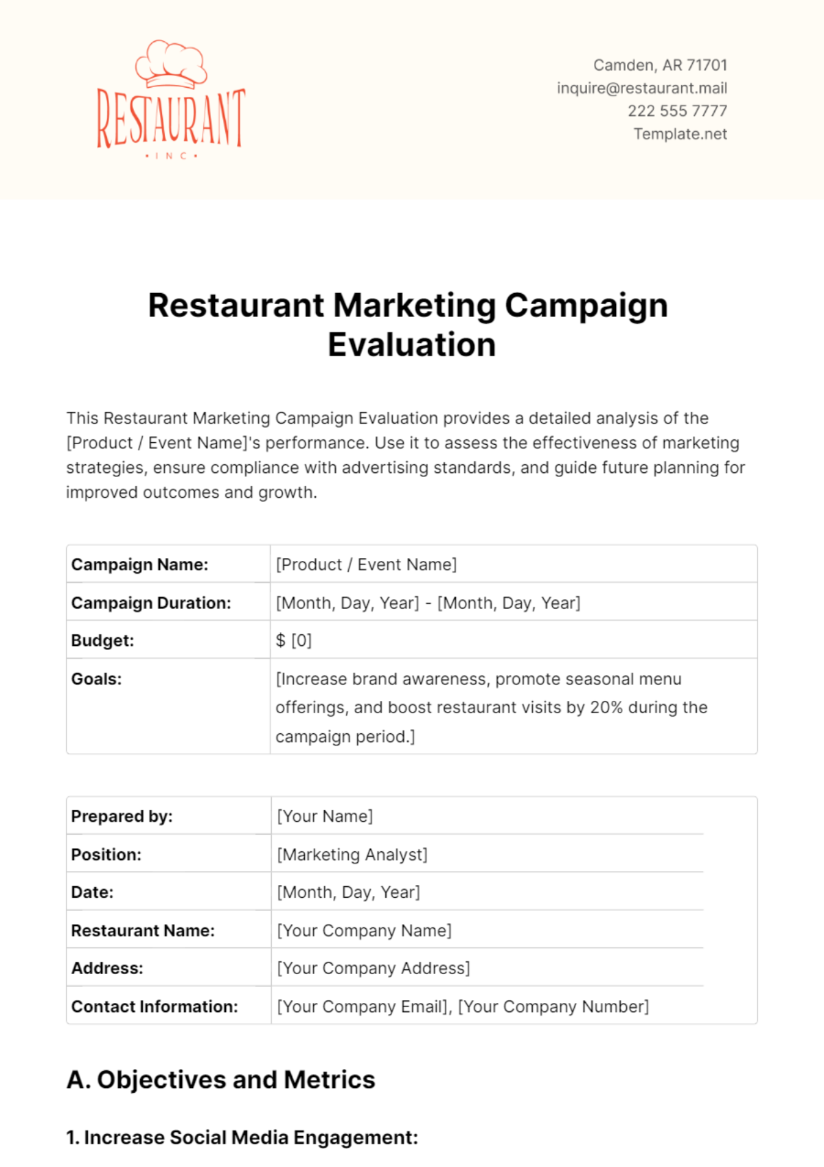 Restaurant Marketing Campaign Evaluation Template - Edit Online & Download