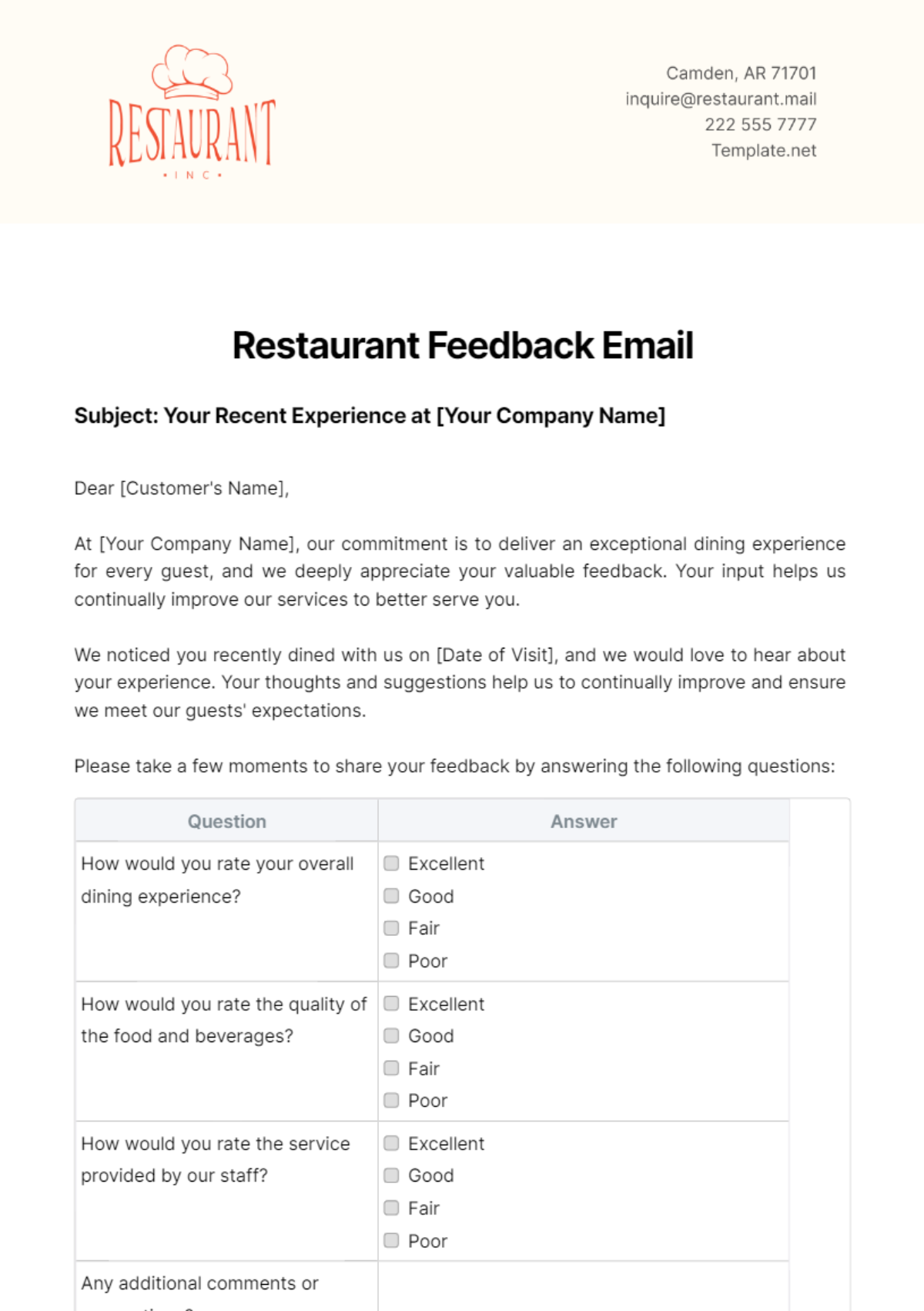 Free Restaurant Feedback Email Template