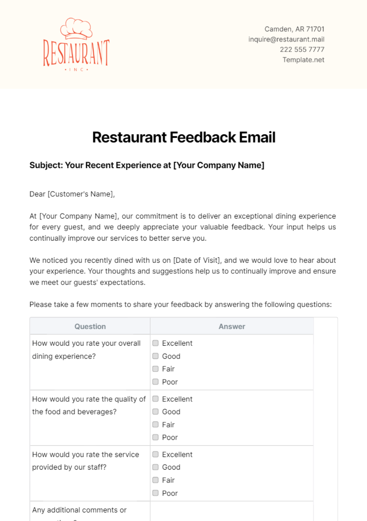 Restaurant Feedback Email Template - Edit Online & Download