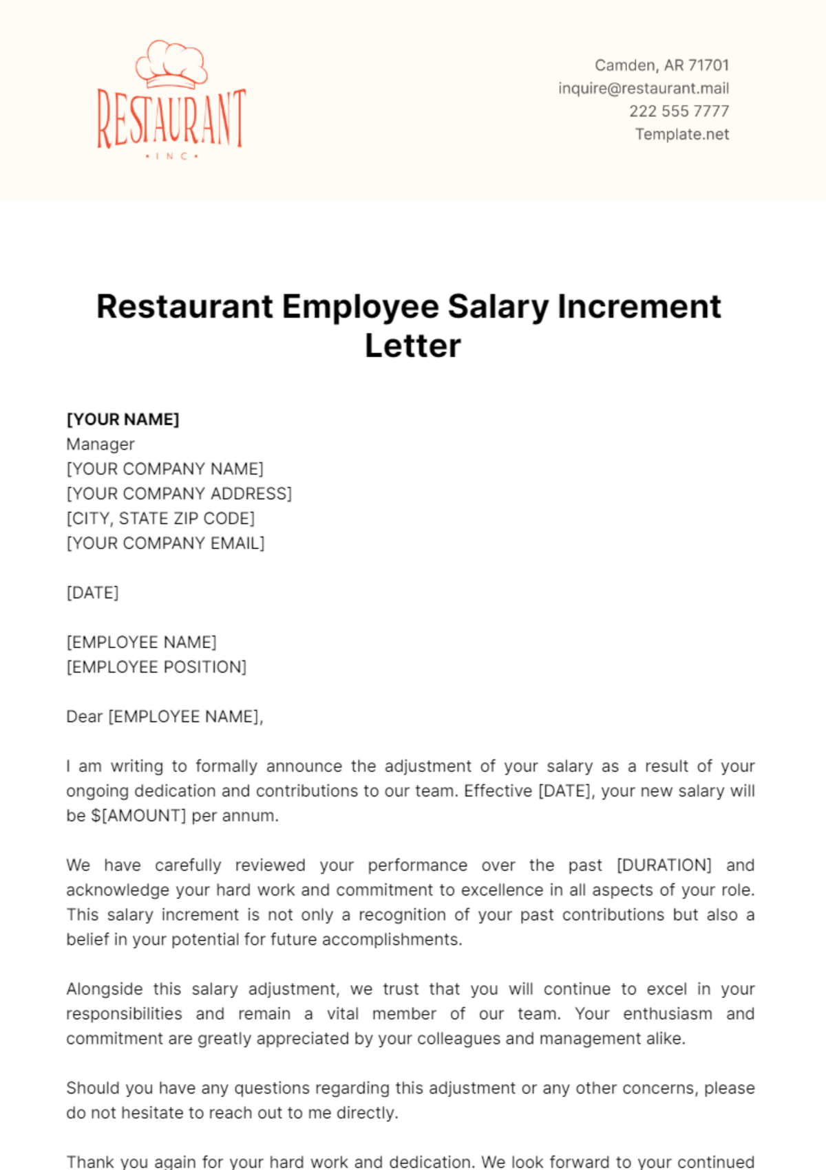 Free Restaurant Employee Salary Increment Letter Template