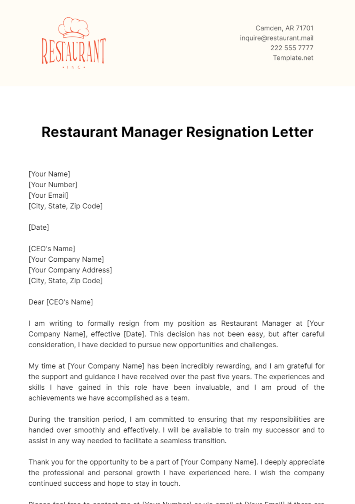 Free Restaurant Manager Resignation Letter Template