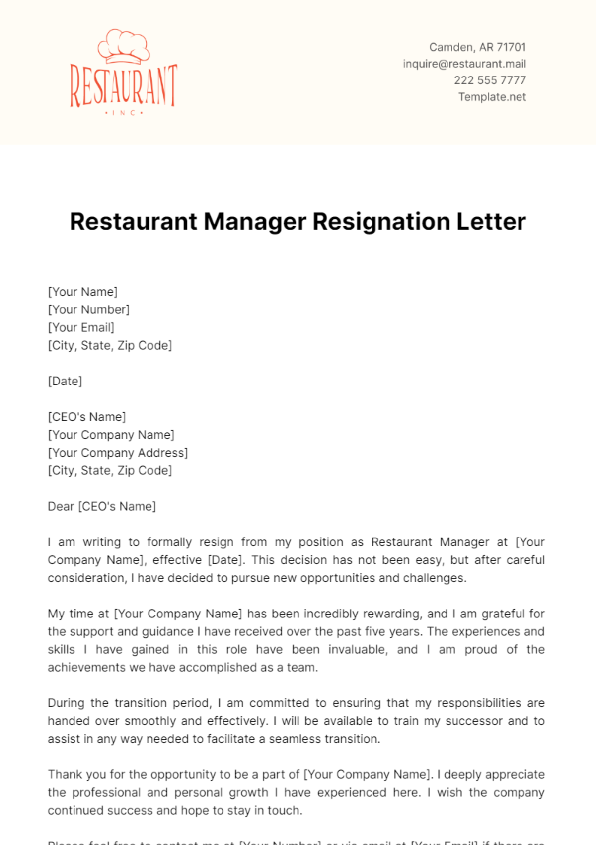 Restaurant Manager Resignation Letter Template - Edit Online & Download