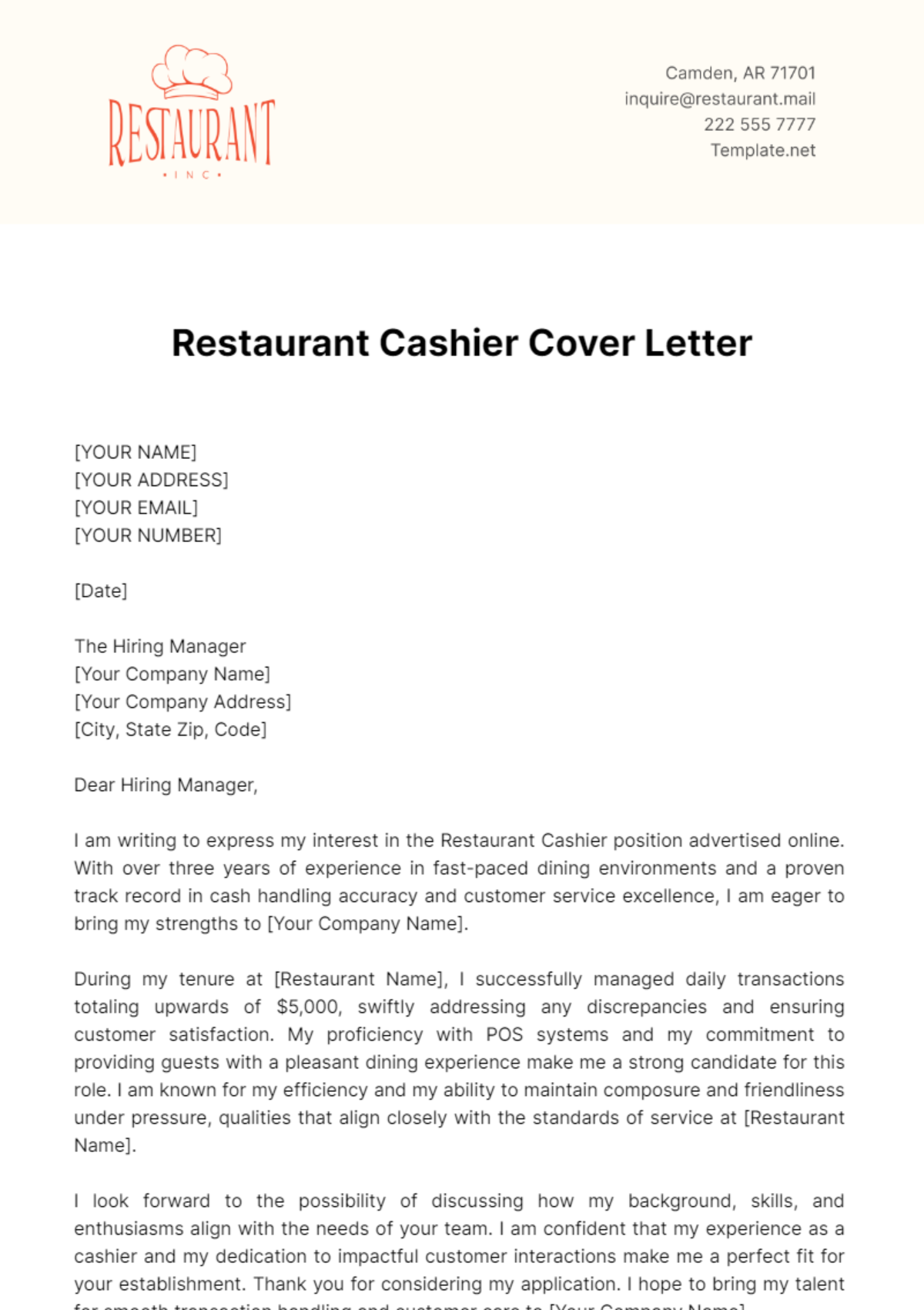 Free Restaurant Cashier Cover Letter Template