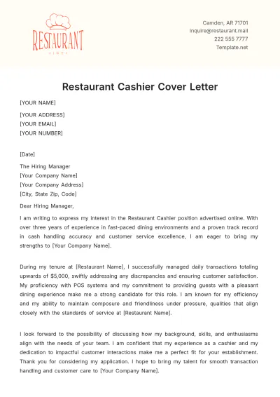 Free Restaurant Cashier Cover Letter Template to Edit Online