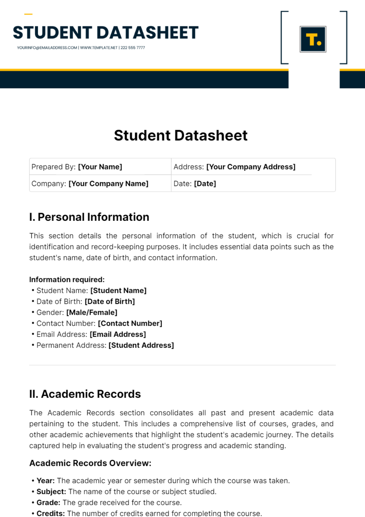 Student Datasheet Template - Edit Online & Download