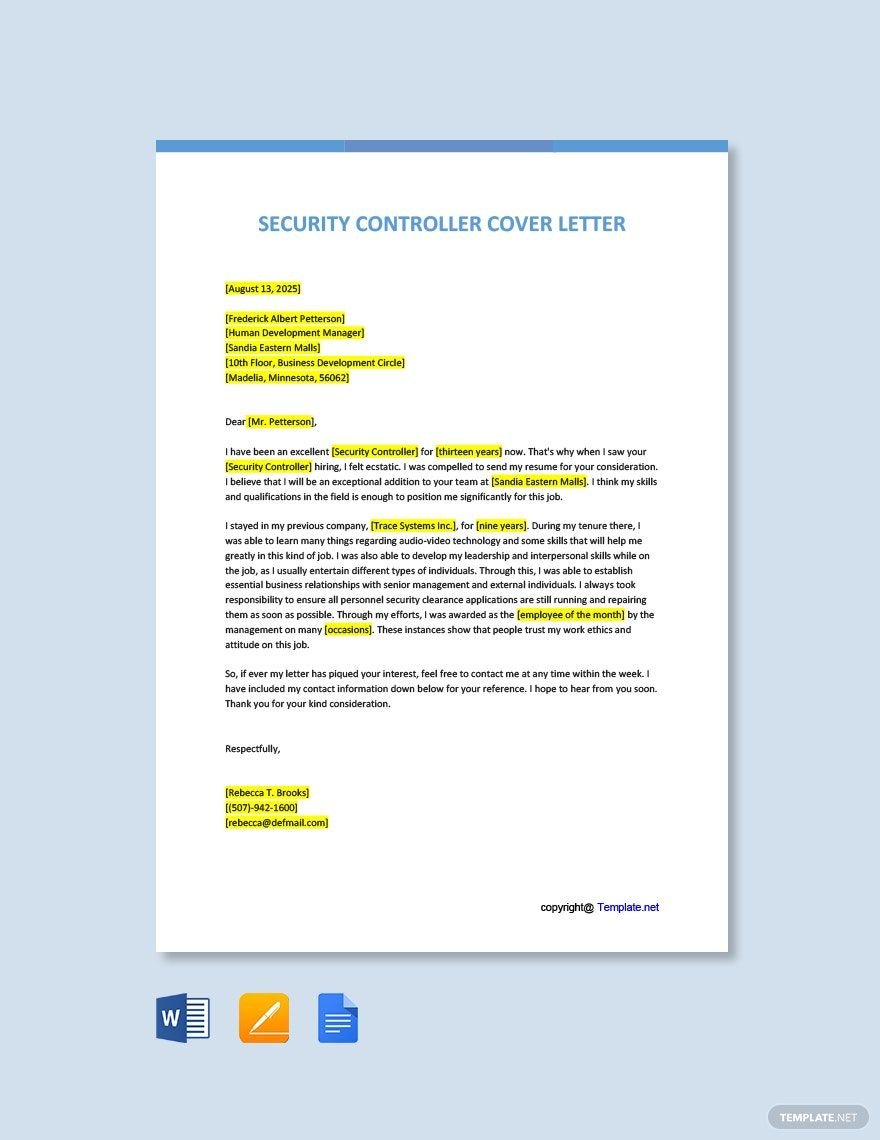 Free Security Controller Cover Letter in Word, Google Docs, PDF, Apple Pages