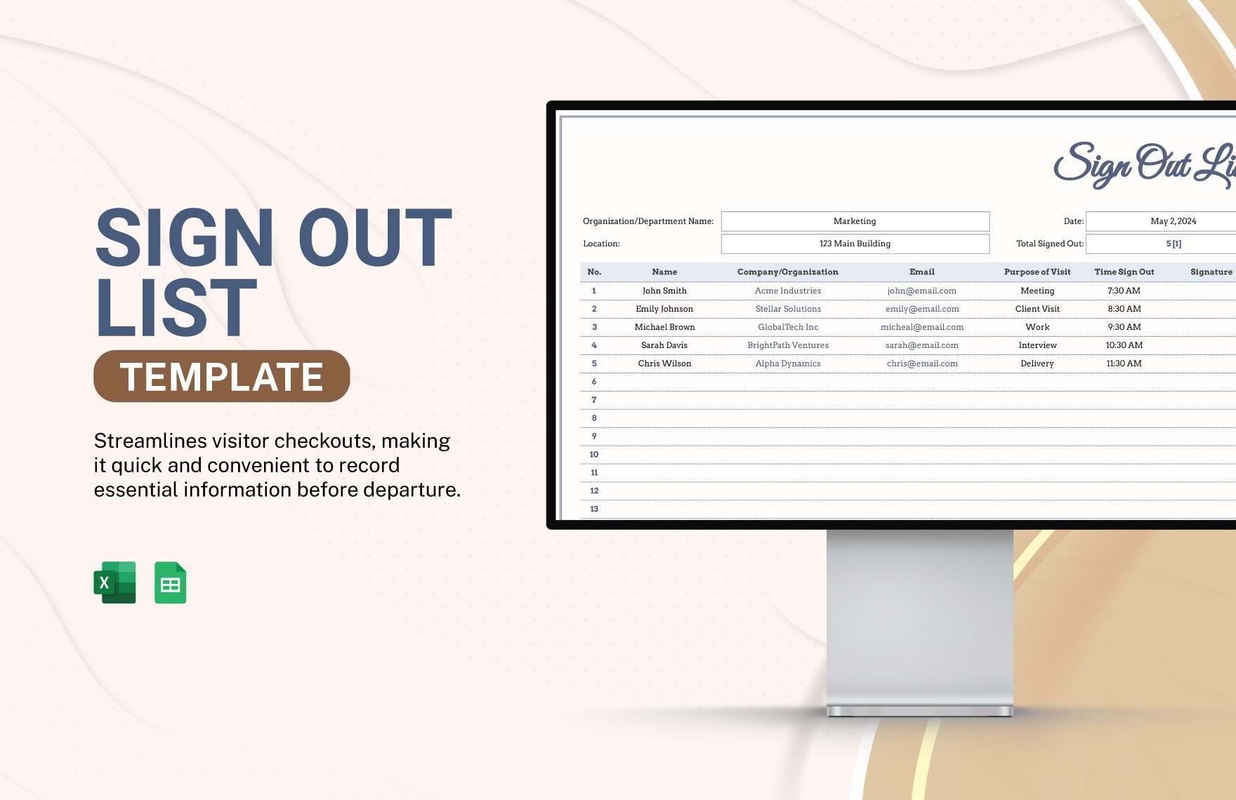 Sign Out List Template in Excel, Google Sheets