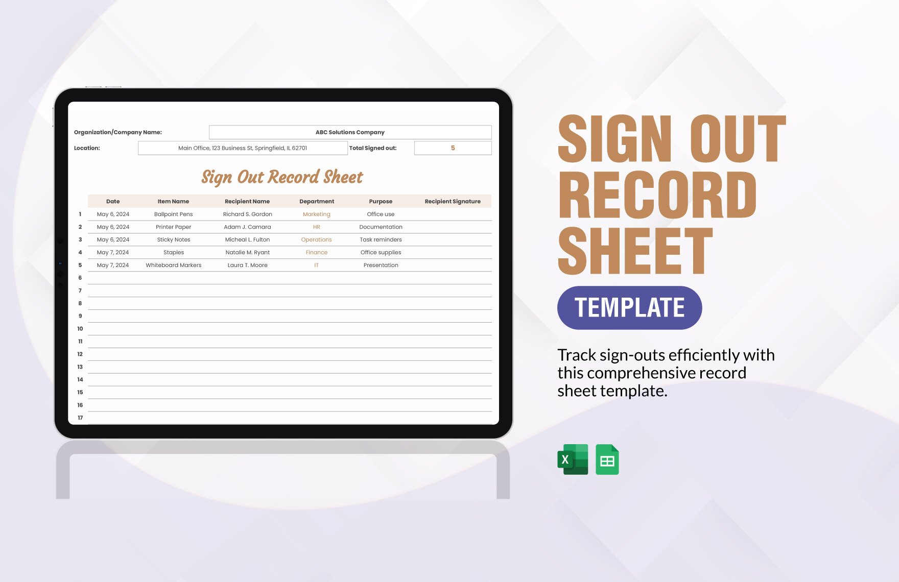 Sign Out Record Sheet Template