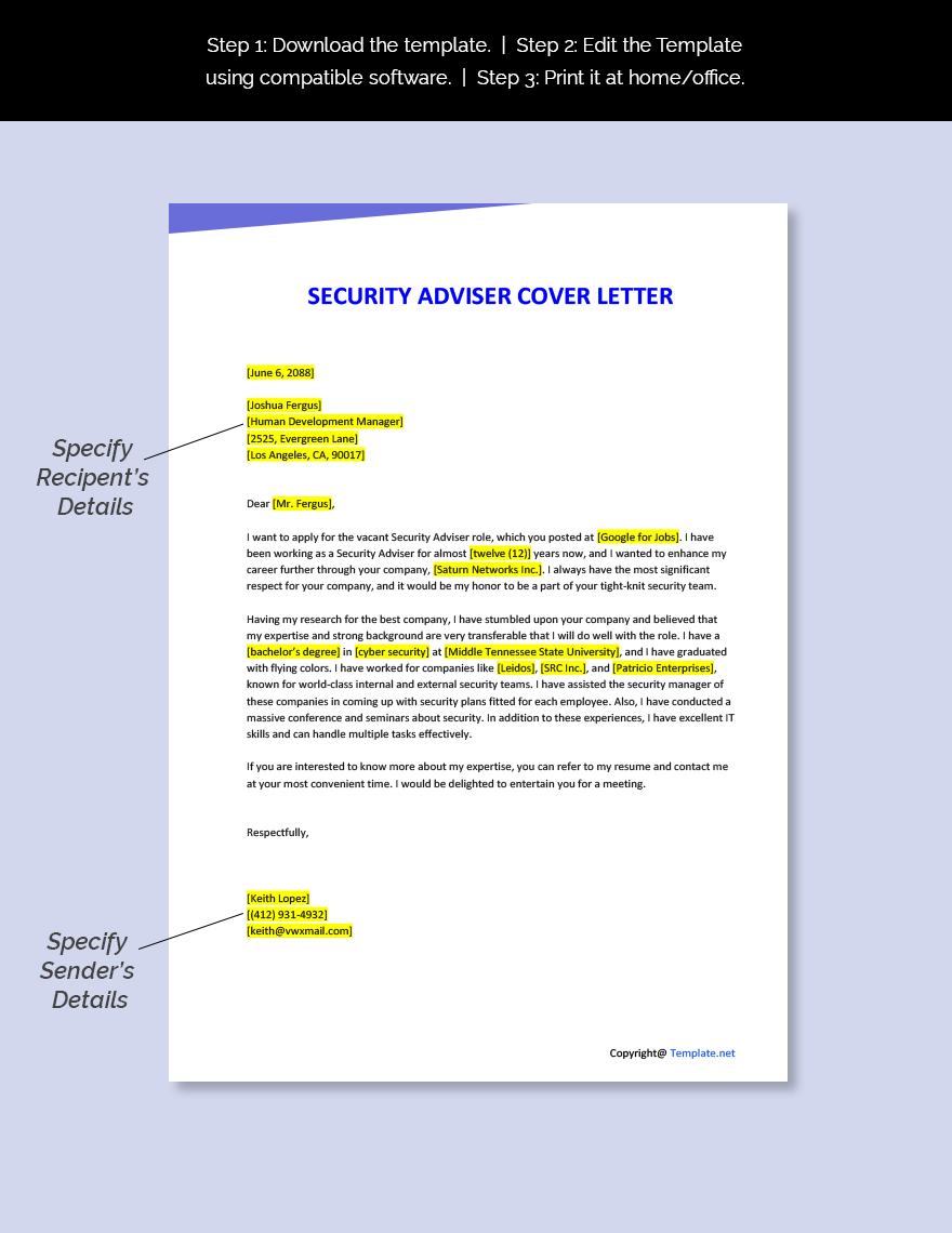 Security Advisor Cover Letter Template