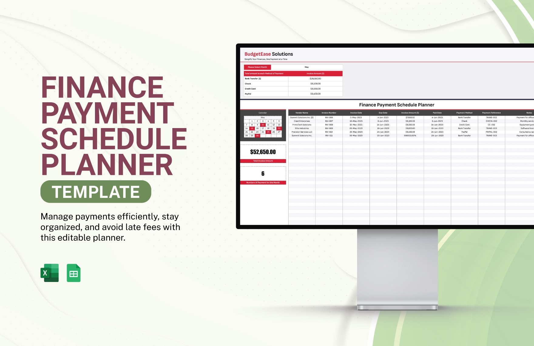 Finance Payment Schedule Planner Template in Excel, Google Sheets