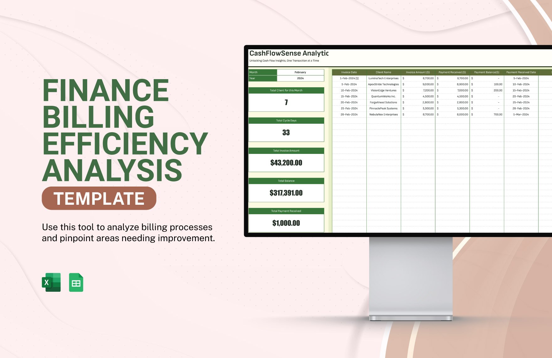 Finance Billing Efficiency Analysis Template in Excel, Google Sheets