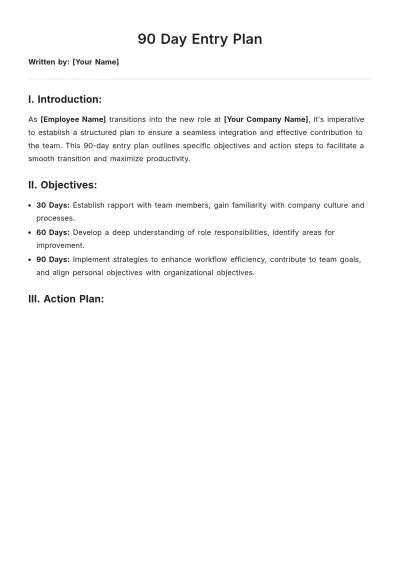 Free 90 Day Entry Plan Template to Edit Online