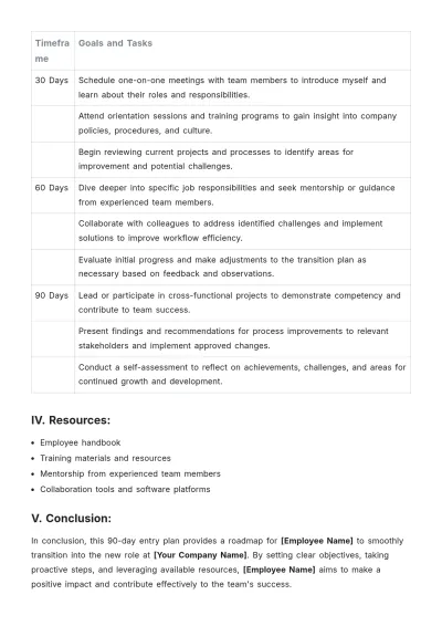 Free 90 Day Entry Plan Template to Edit Online