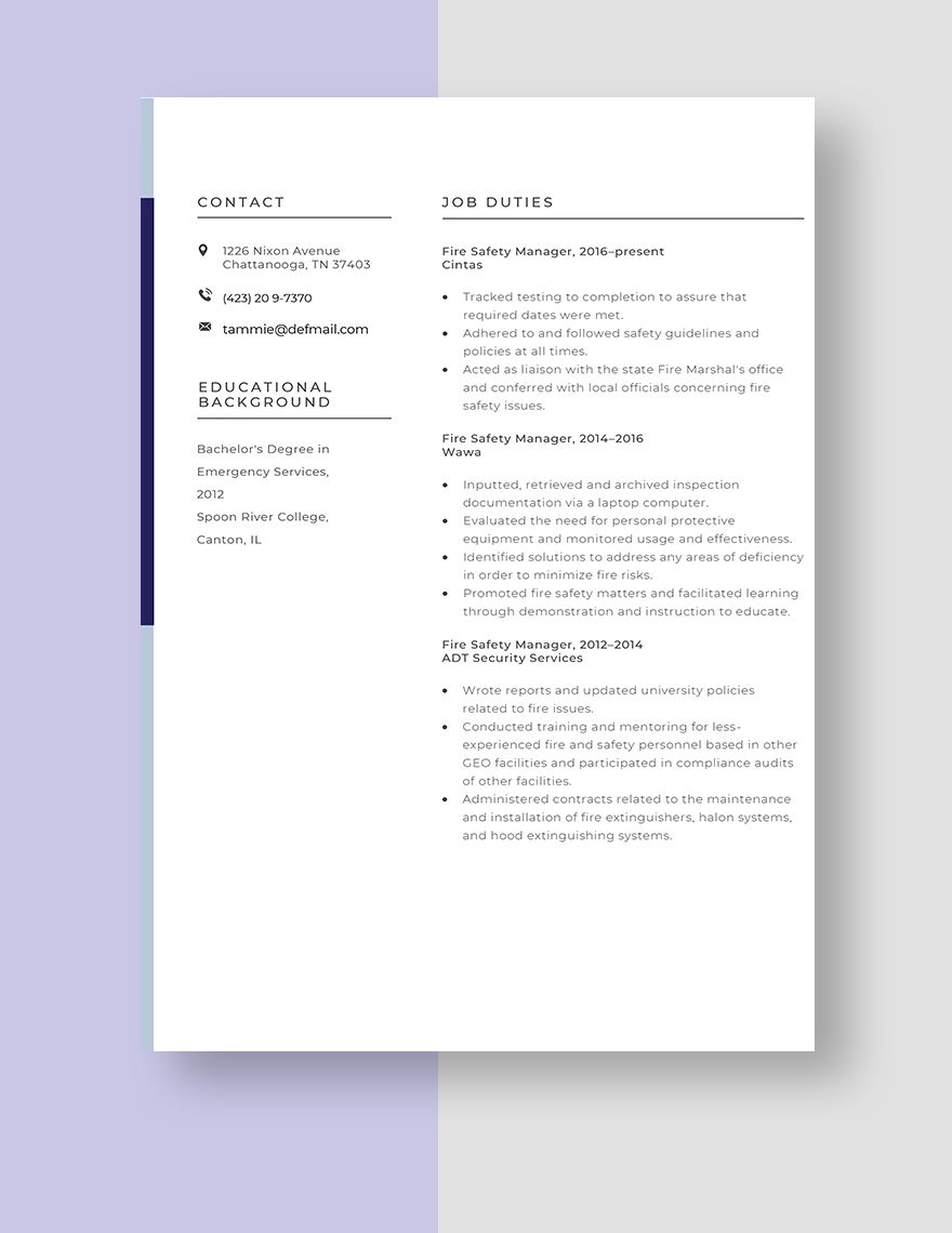 Fire Safety Manager Resume