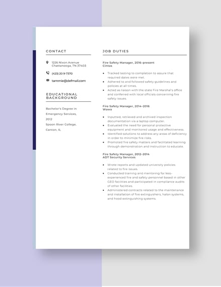 Fire Safety Manager Resume Template