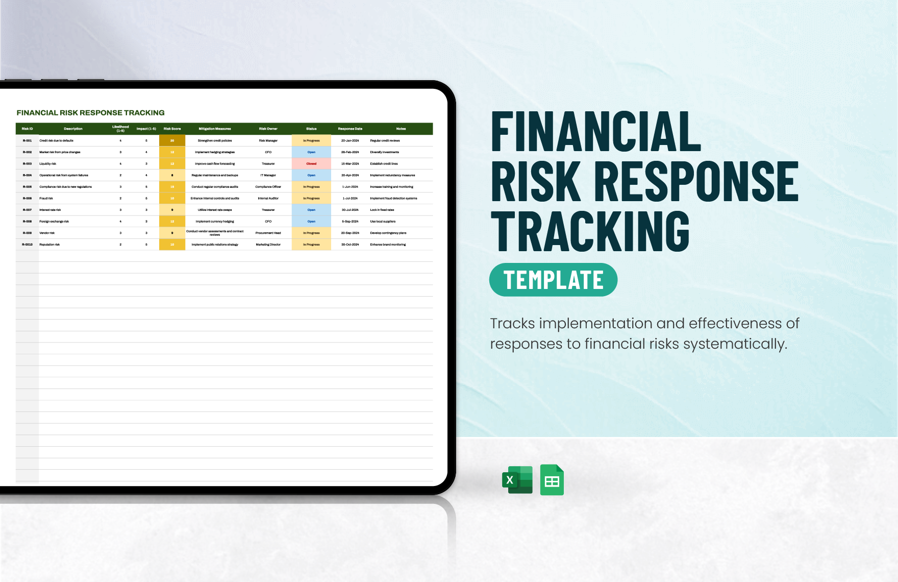 Financial Risk Response Tracking Template in Excel, Google Sheets