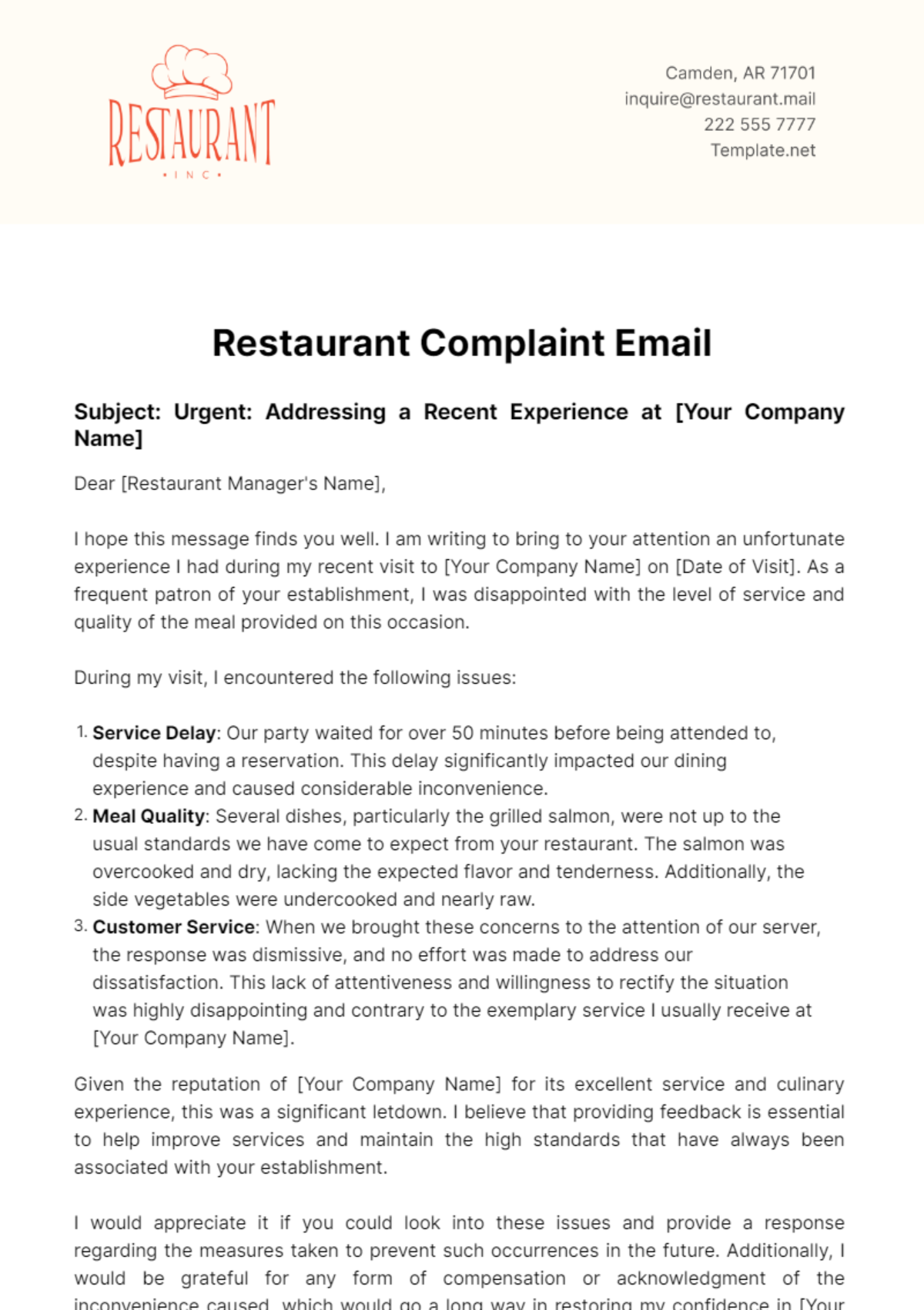 Free Restaurant Complaint Email Template