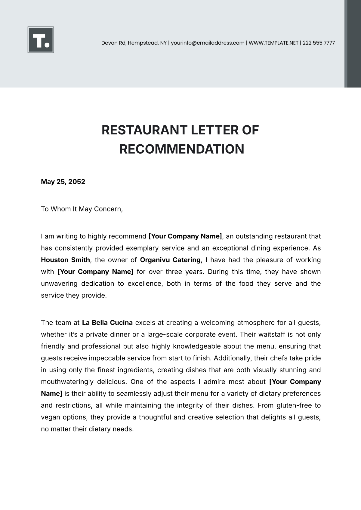 Restaurant Letter of Recommendation Template - Edit Online & Download