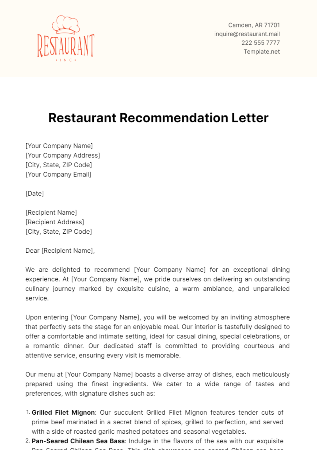 Free Restaurant Recommendation Letter Template