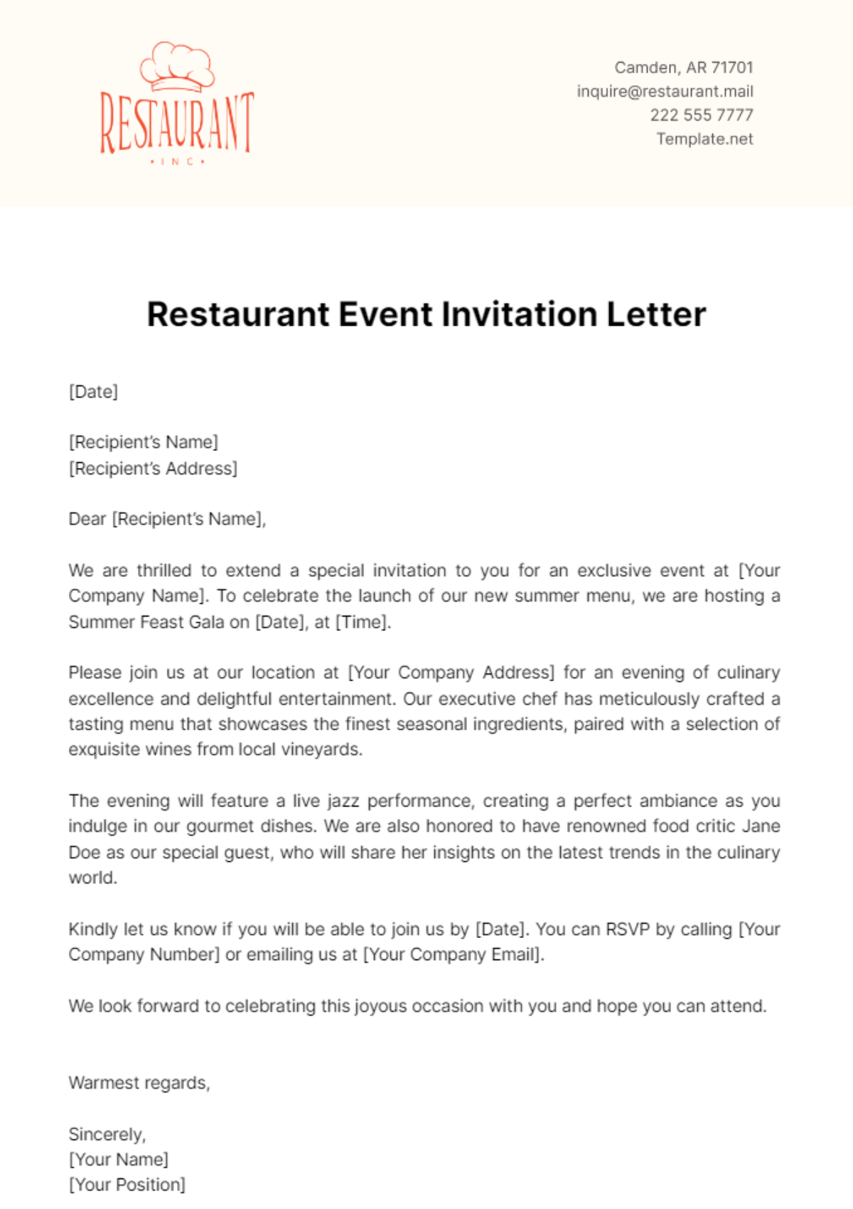 Free Restaurant Event Invitation Letter Template