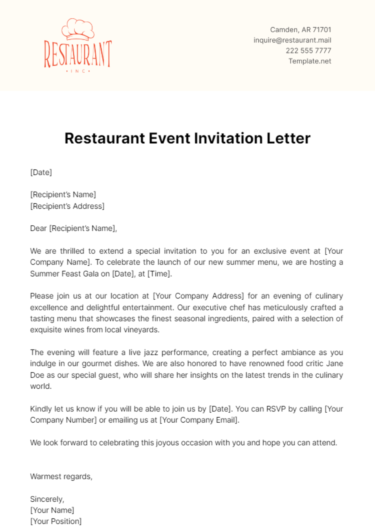 Restaurant Event Invitation Letter Template - Edit Online & Download