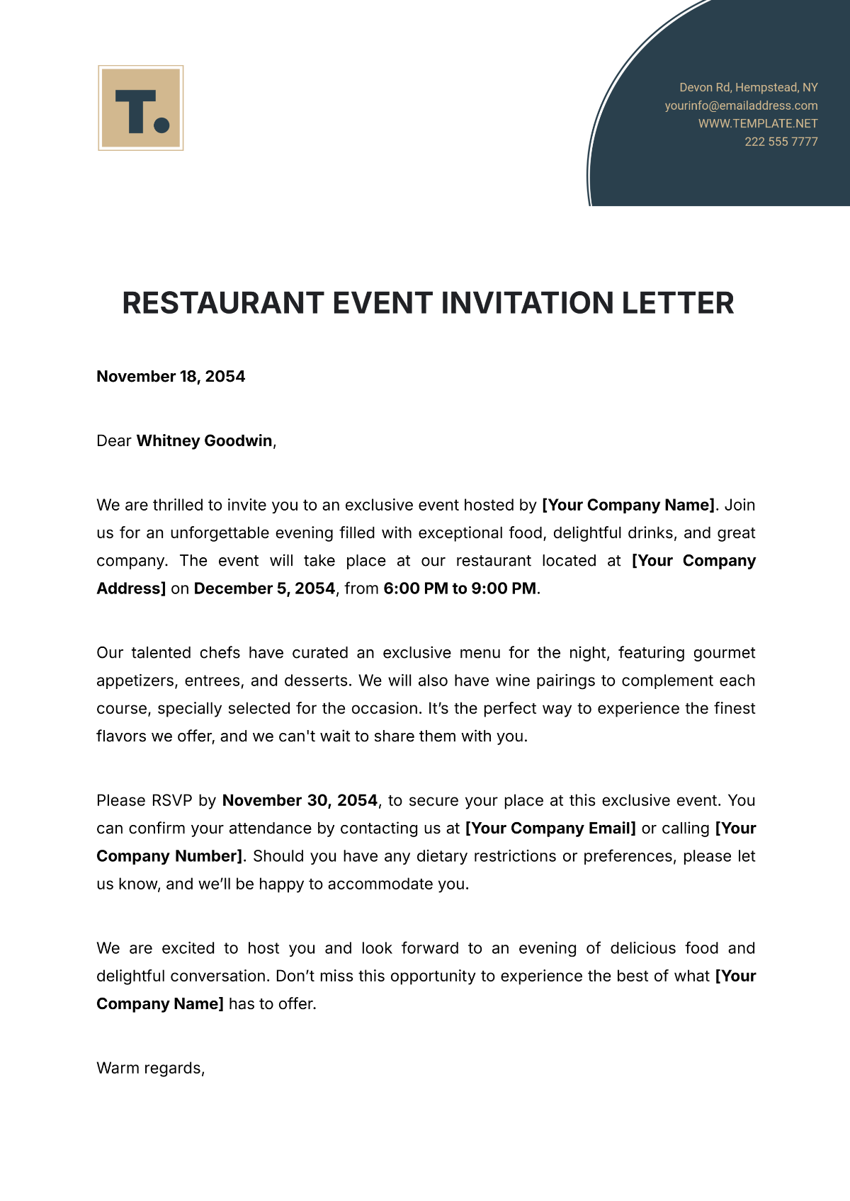 Restaurant Event Invitation Letter Template - Edit Online & Download