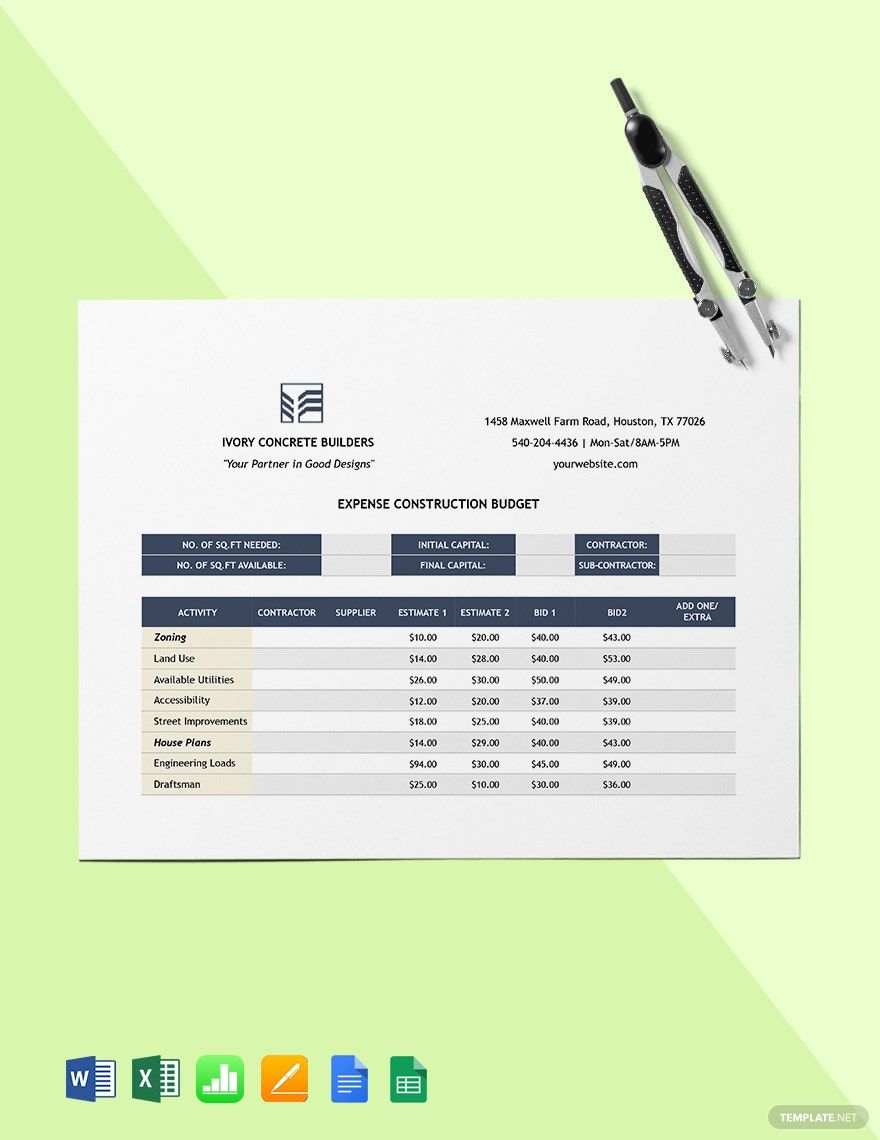 Expense Construction Budget Template in Word, Google Docs, Excel, PDF, Google Sheets, Apple Pages, Apple Numbers