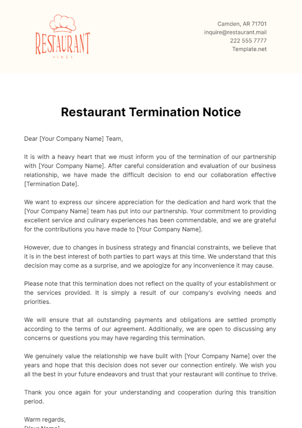 Free Restaurant Termination Notice Template