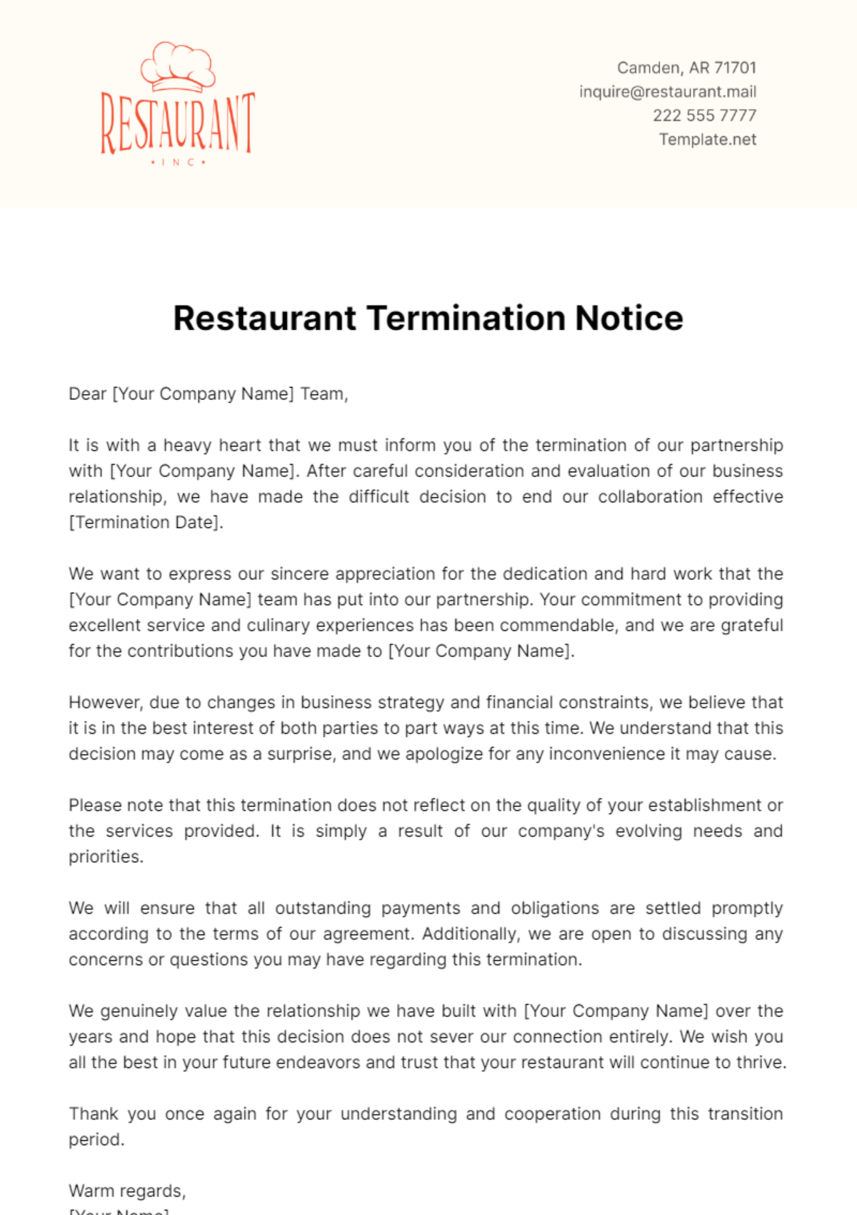 Restaurant Termination Notice Template - Edit Online & Download