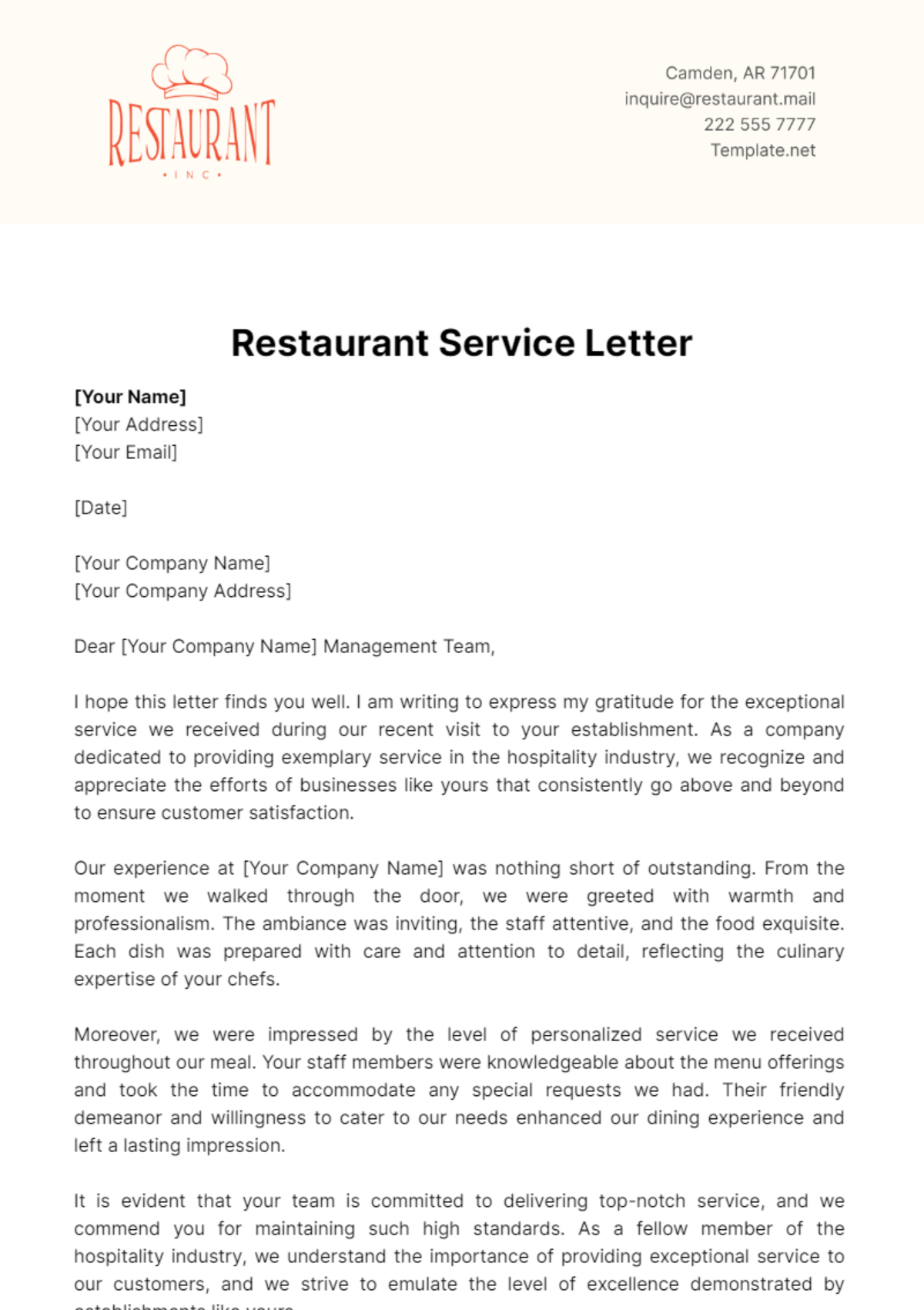 Free Restaurant Service Letter Template