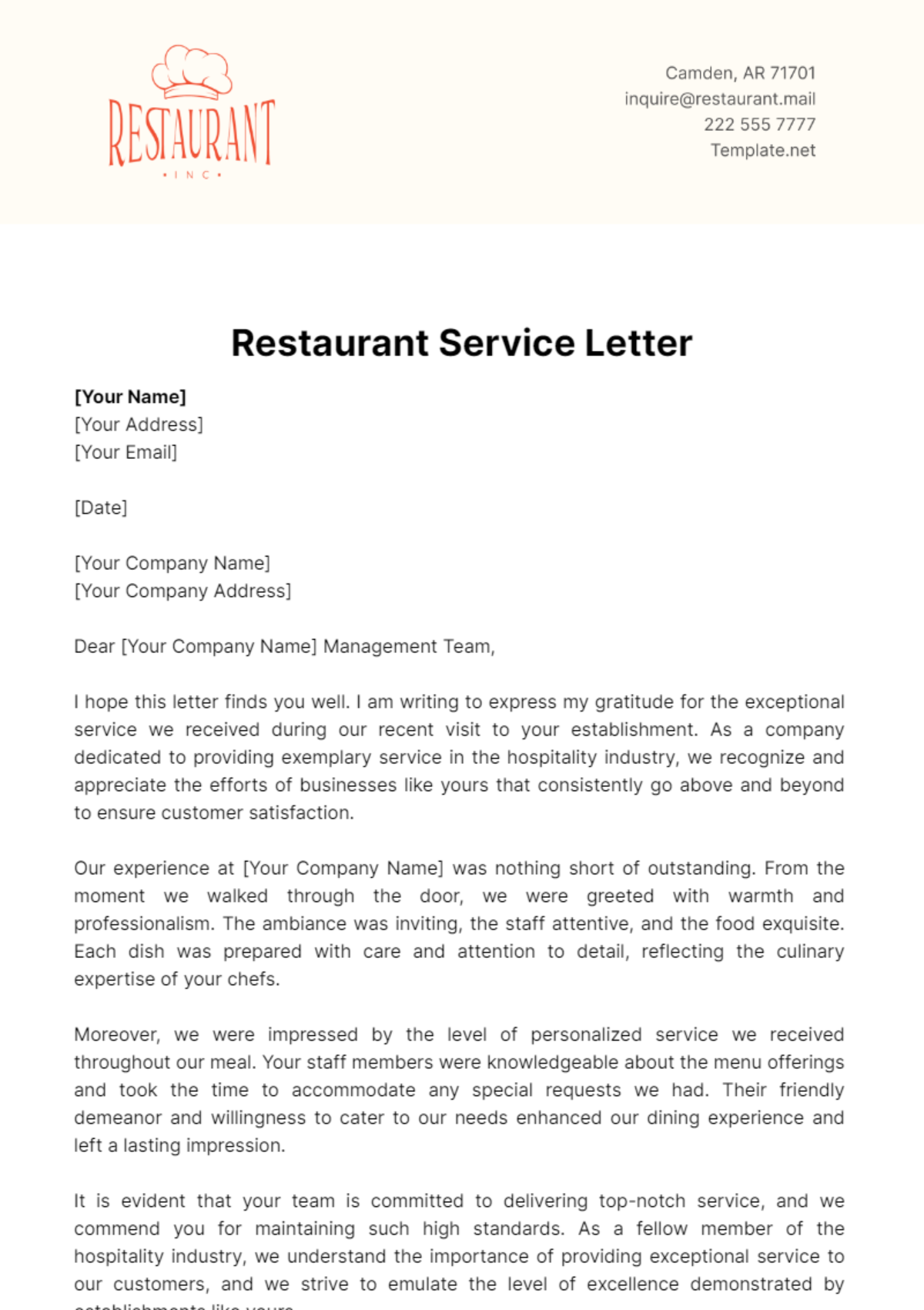 Restaurant Service Letter Template - Edit Online & Download