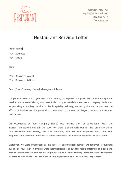Free Restaurant Service Letter Template to Edit Online