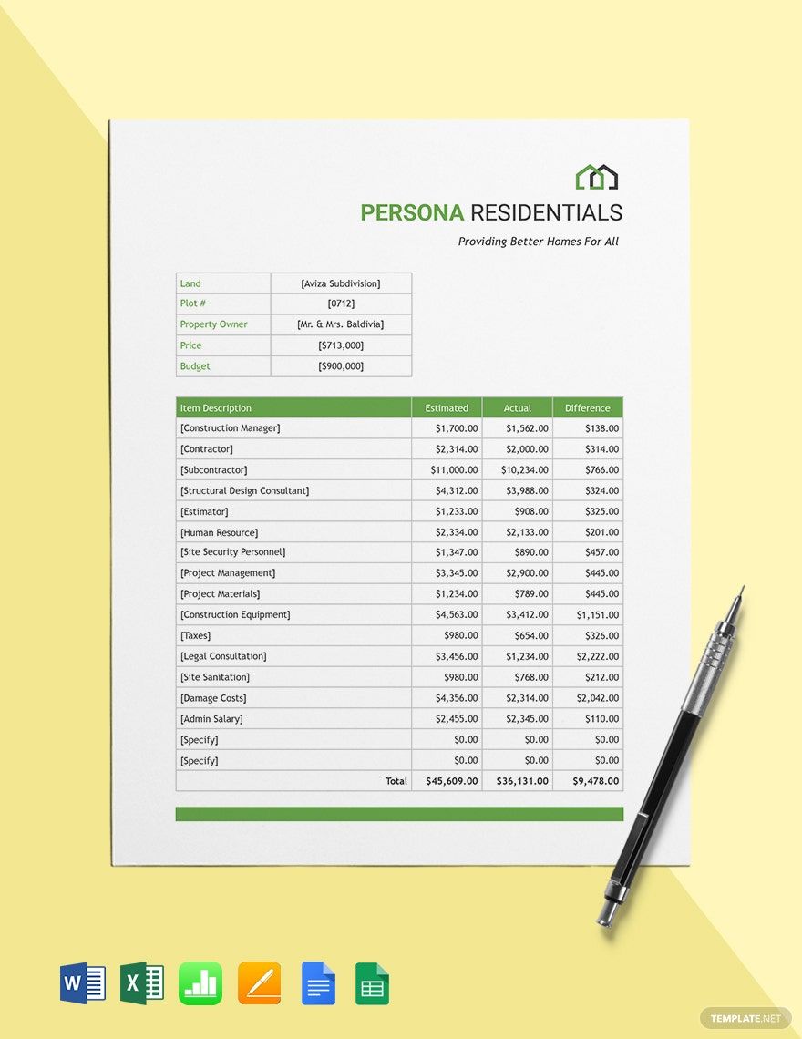 Editable Residential Budget Template