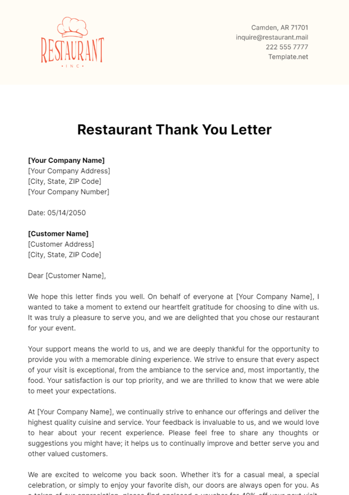 Free Restaurant Thank You Letter Template