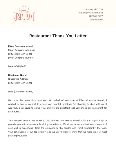 Free Restaurant Thank You Letter Template to Edit Online